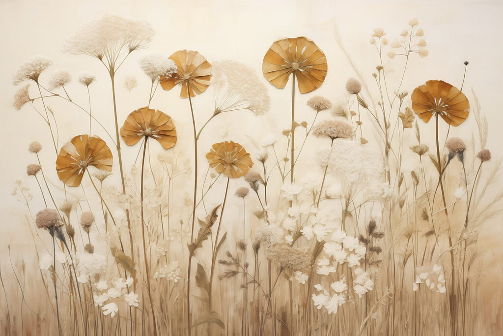 Golden flowers over grasses — full design