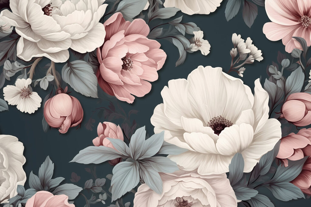 Pink peonies on teal — full design