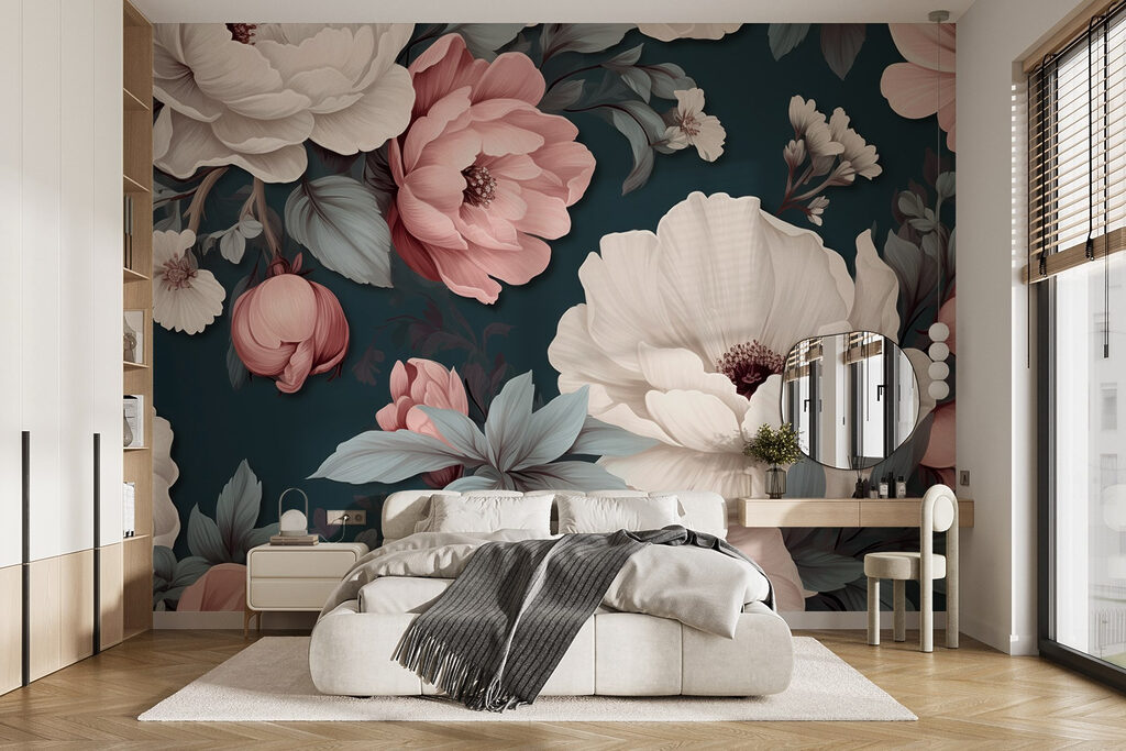 Pink peonies on teal — interior 1