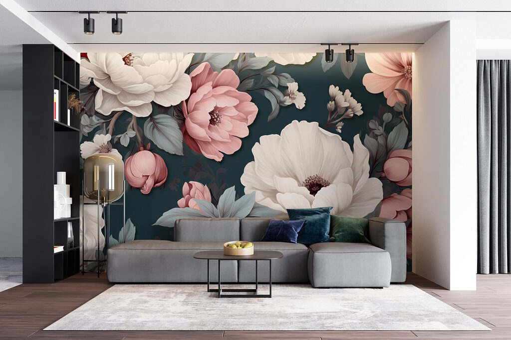 Pink peonies on teal — interior 4
