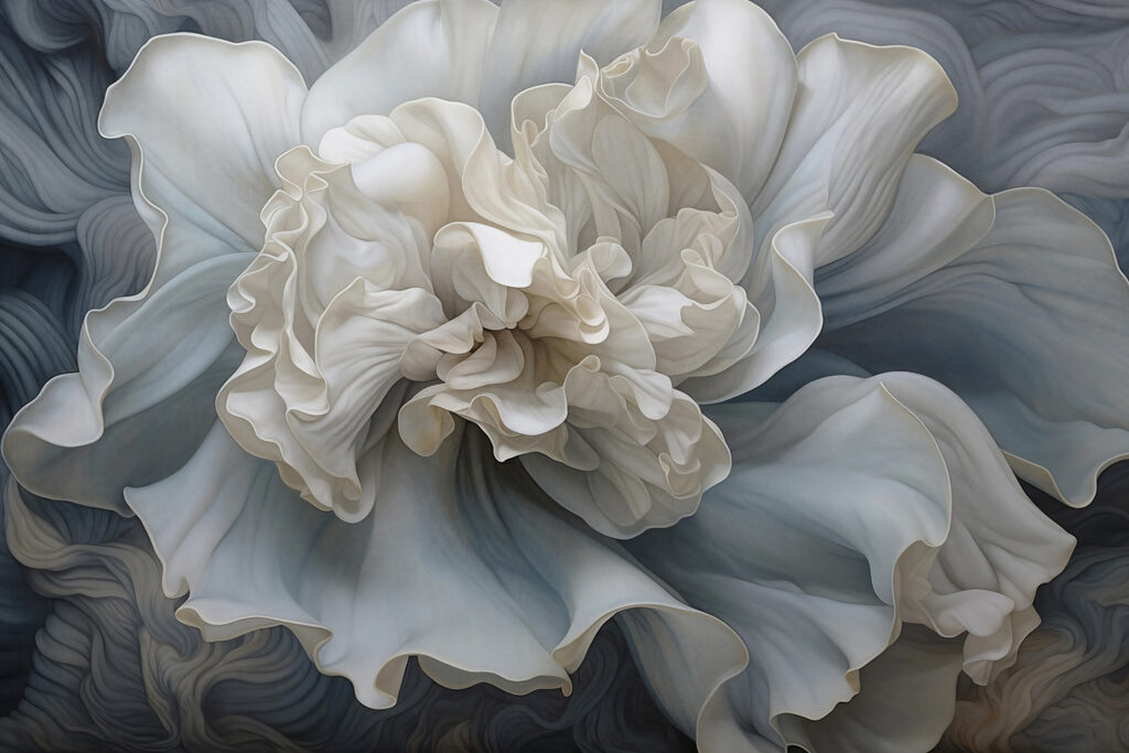 White flower, blue waves — full design