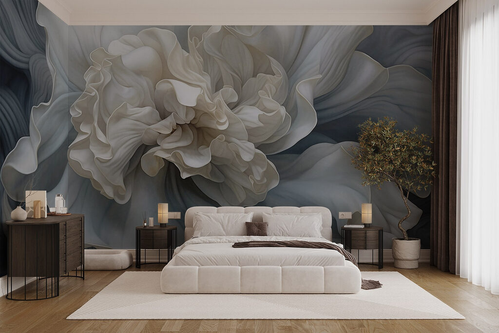White flower, blue waves — interior 1