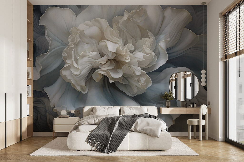 White flower, blue waves — interior 3