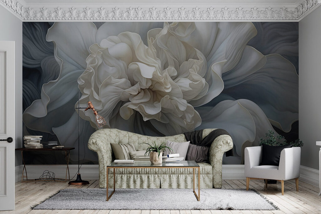 White flower, blue waves — interior 5