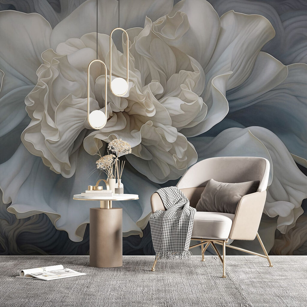 White flower, blue waves — interior 6