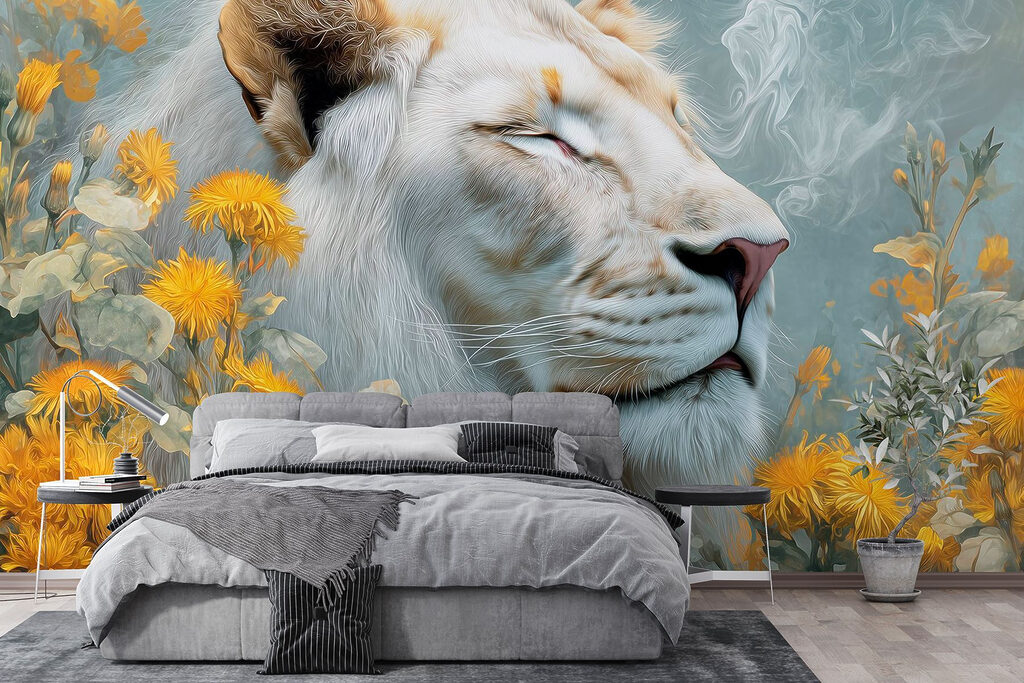White lioness among flowers — interior 2
